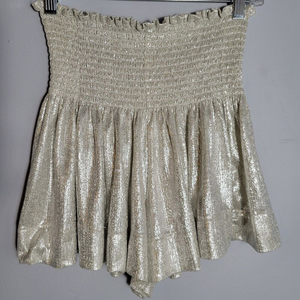 Queen of Sparkles Silver Metalllic Smocked Waist Swing Shorts Size XS